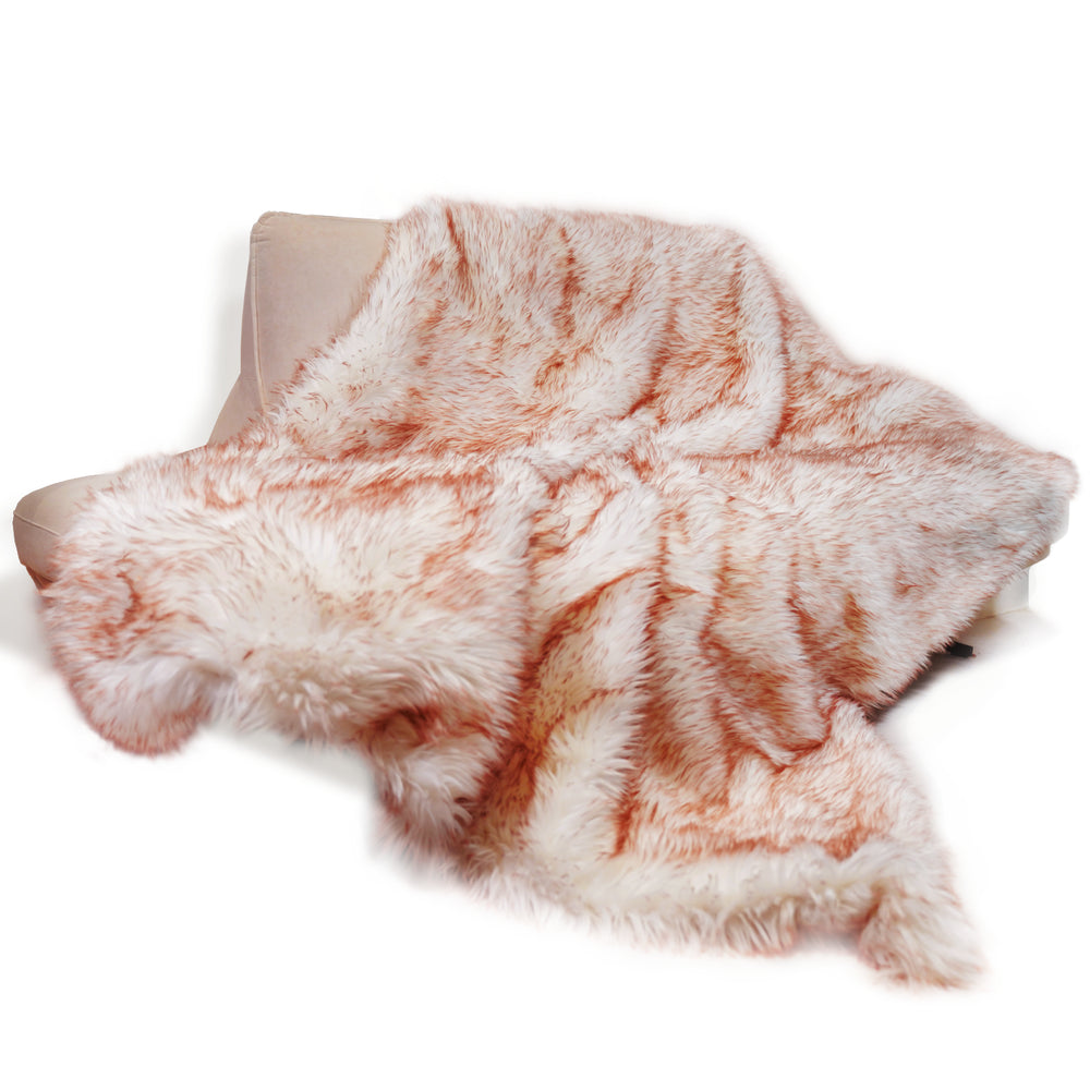 Anti-Anxiety Faux Fur Blanket with Dotted Lining Design-White with Red Brown Accents