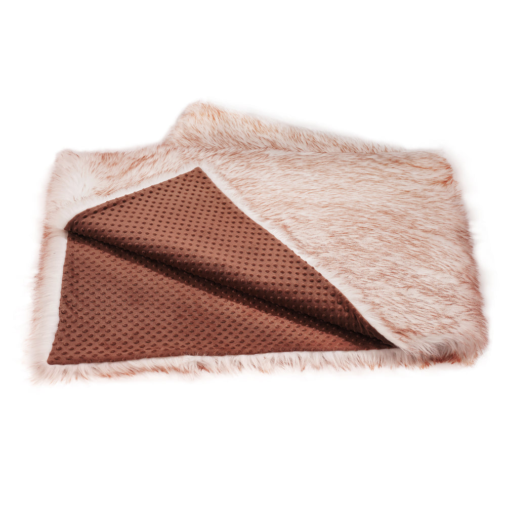 
                      
                        Anti-Anxiety Faux Fur Blanket with Dotted Lining Design-White with Red Brown Accents
                      
                    