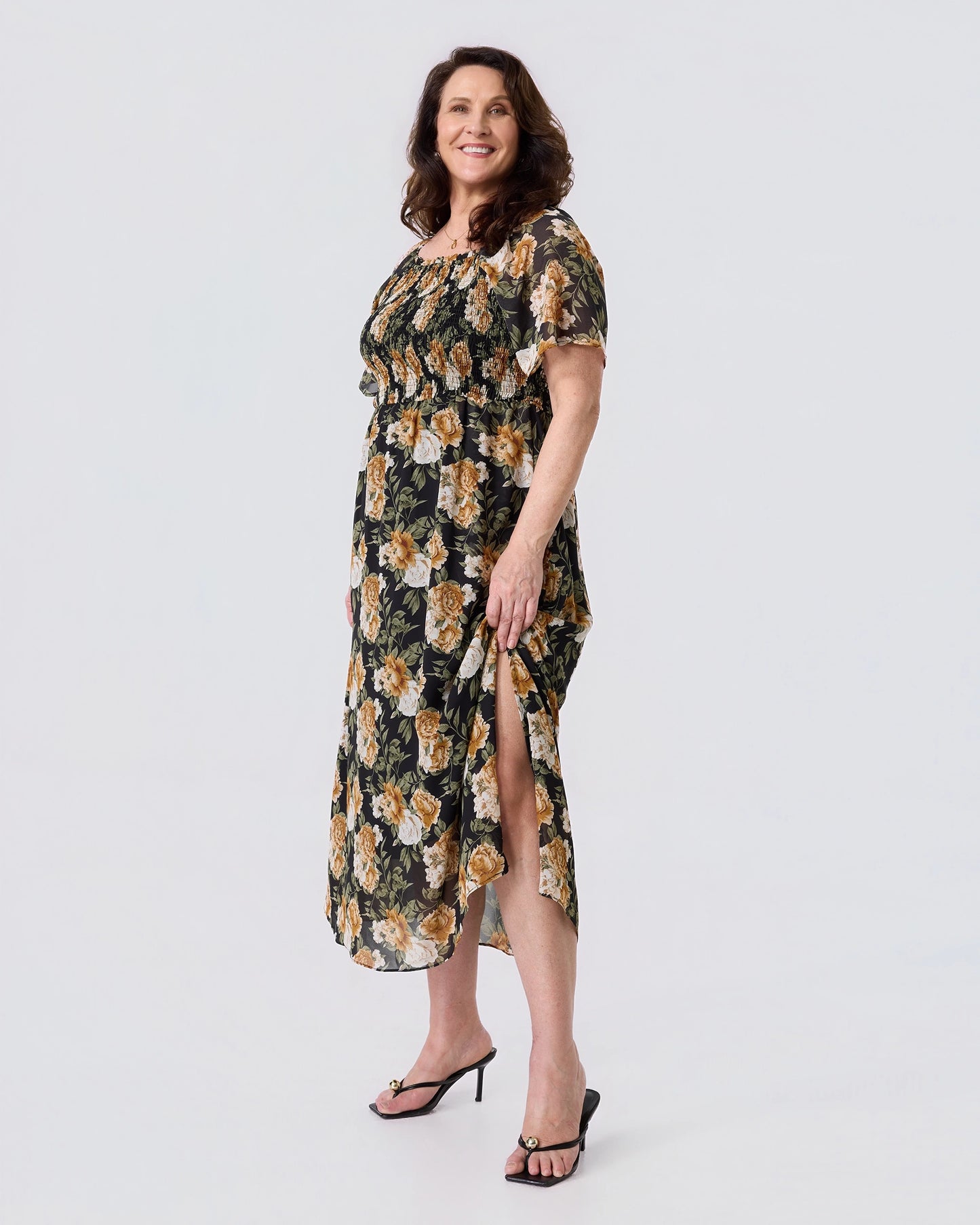 square neck short sleeve ruched floral midi dress square neck lantern sleeve ruched waist a line short