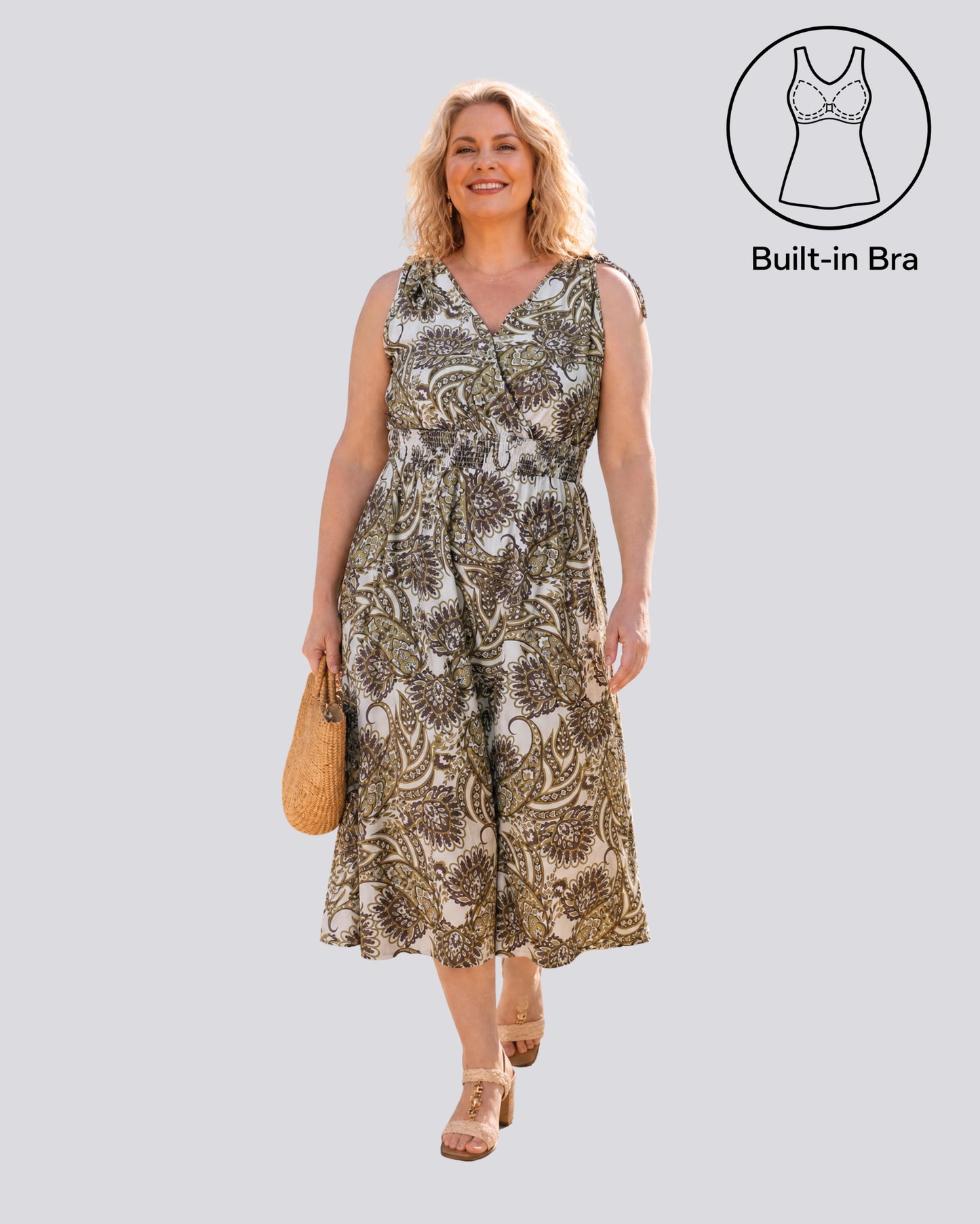 midi dress with built-in bra Sleeveless Paisley-Print Midi Dress with Tie-Shoulders & Smocked Waist Olive Paisley / Built-in Bra / L (12)