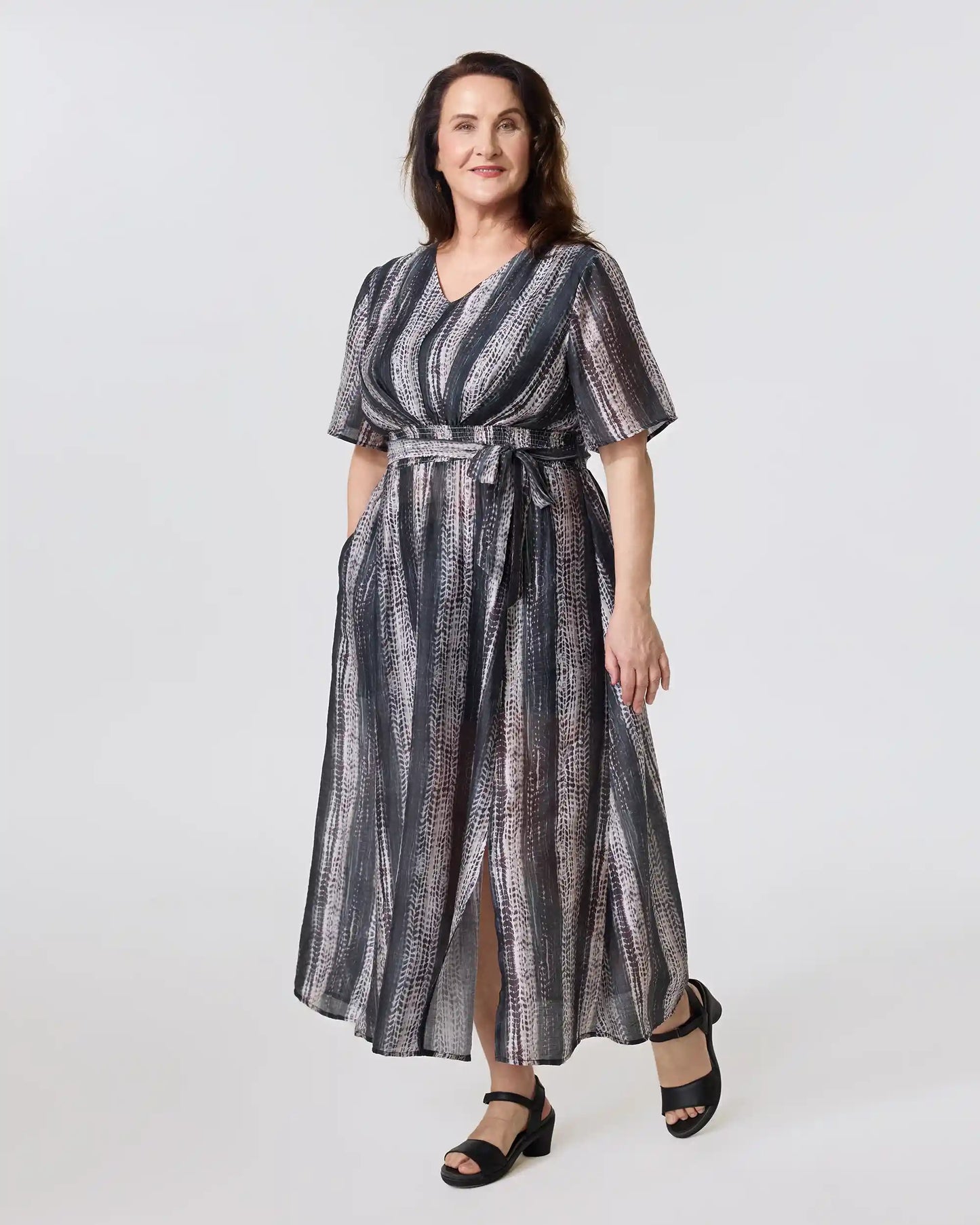 Lustrous Vertical-Stripe Midi Wrap-Effect Dress Black & Ivory Stripe / S (6-8)