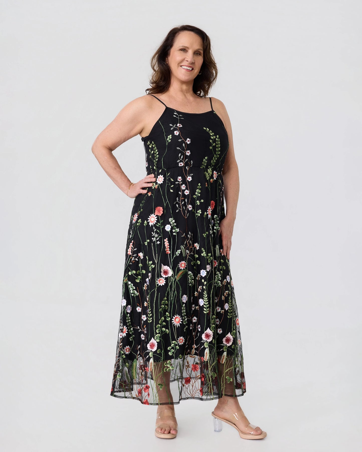 embroidered tulle overlay dress Spaghetti Strap Long Dress with Embroidered Tulle Overlay HAREM's Brides